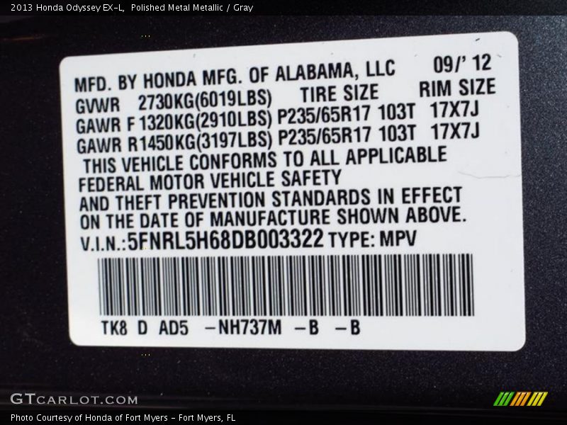 Polished Metal Metallic / Gray 2013 Honda Odyssey EX-L