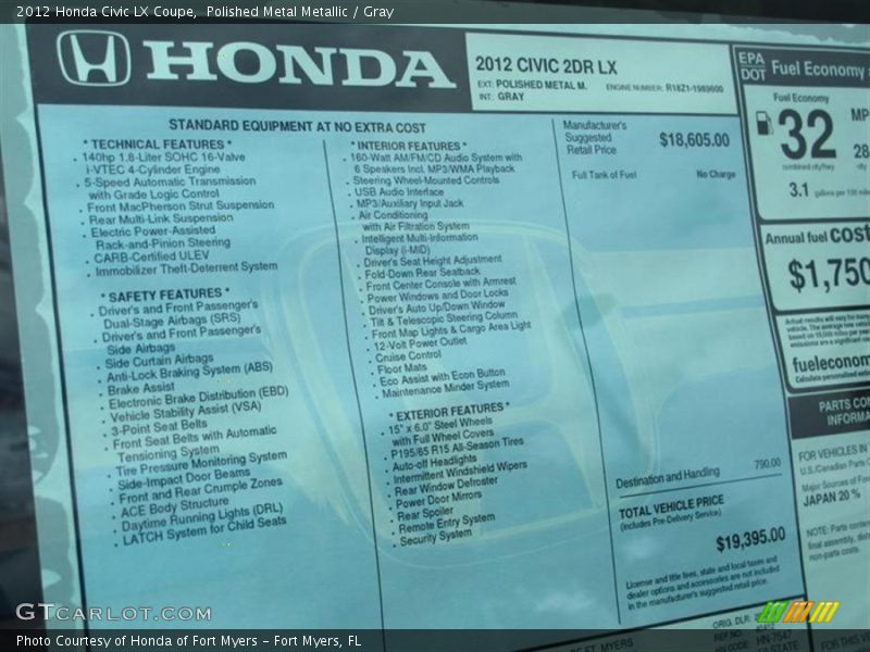 Polished Metal Metallic / Gray 2012 Honda Civic LX Coupe