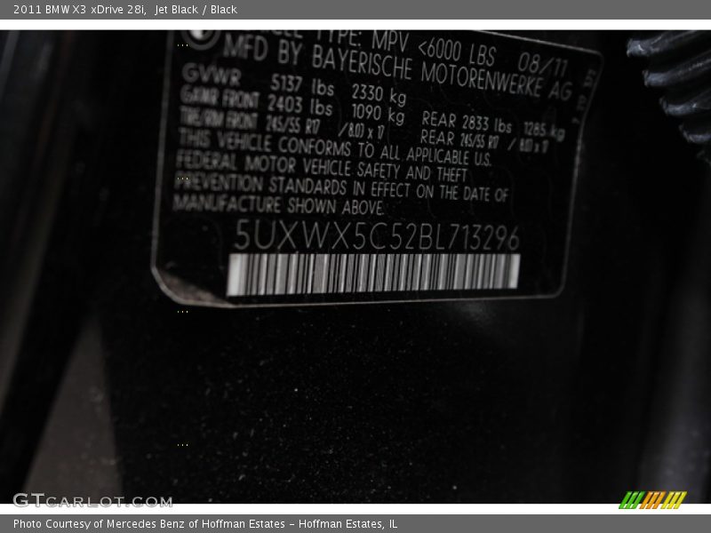 Jet Black / Black 2011 BMW X3 xDrive 28i