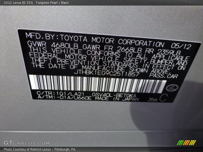 Tungsten Pearl / Black 2012 Lexus ES 350