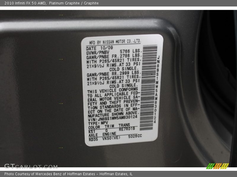 2010 FX 50 AWD Platinum Graphite Color Code K51