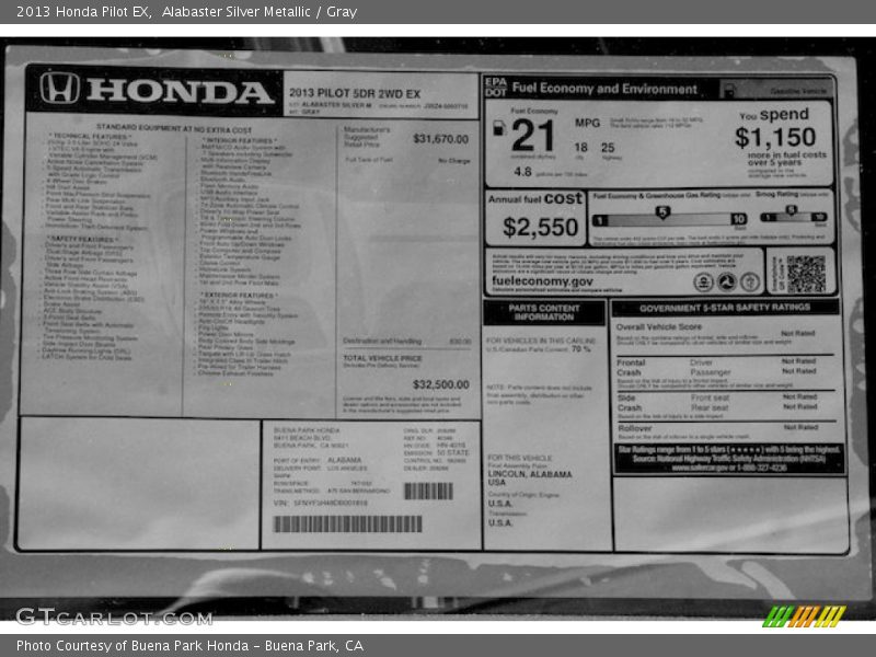 Alabaster Silver Metallic / Gray 2013 Honda Pilot EX