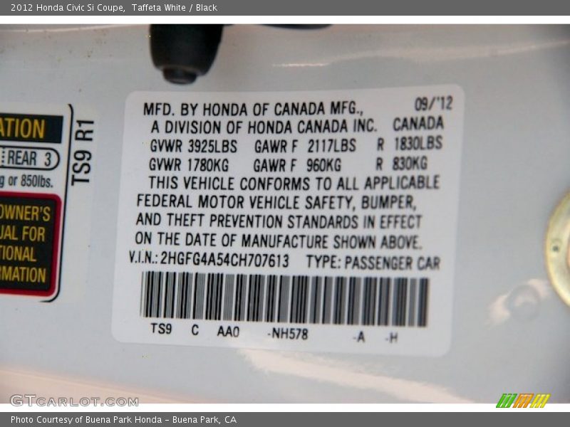 Taffeta White / Black 2012 Honda Civic Si Coupe
