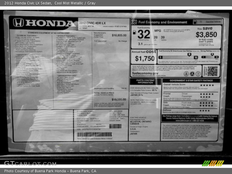 Cool Mist Metallic / Gray 2012 Honda Civic LX Sedan