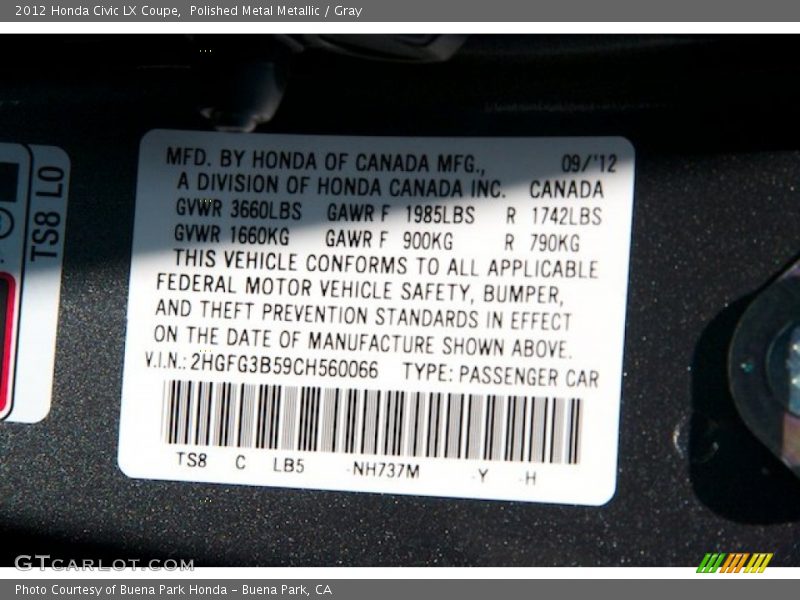 Polished Metal Metallic / Gray 2012 Honda Civic LX Coupe