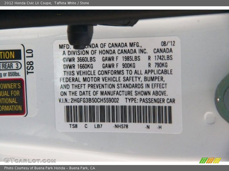 Taffeta White / Stone 2012 Honda Civic LX Coupe