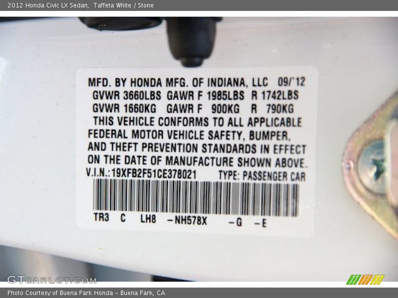Taffeta White / Stone 2012 Honda Civic LX Sedan