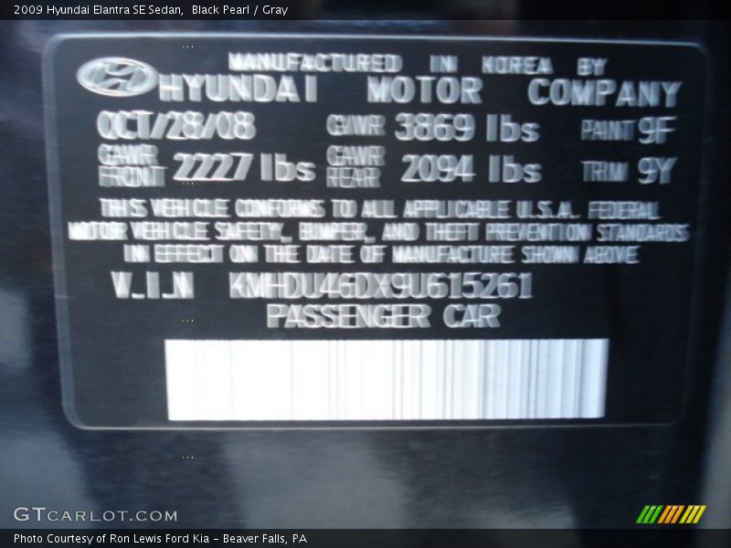 Black Pearl / Gray 2009 Hyundai Elantra SE Sedan