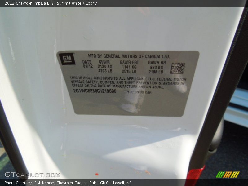 Summit White / Ebony 2012 Chevrolet Impala LTZ