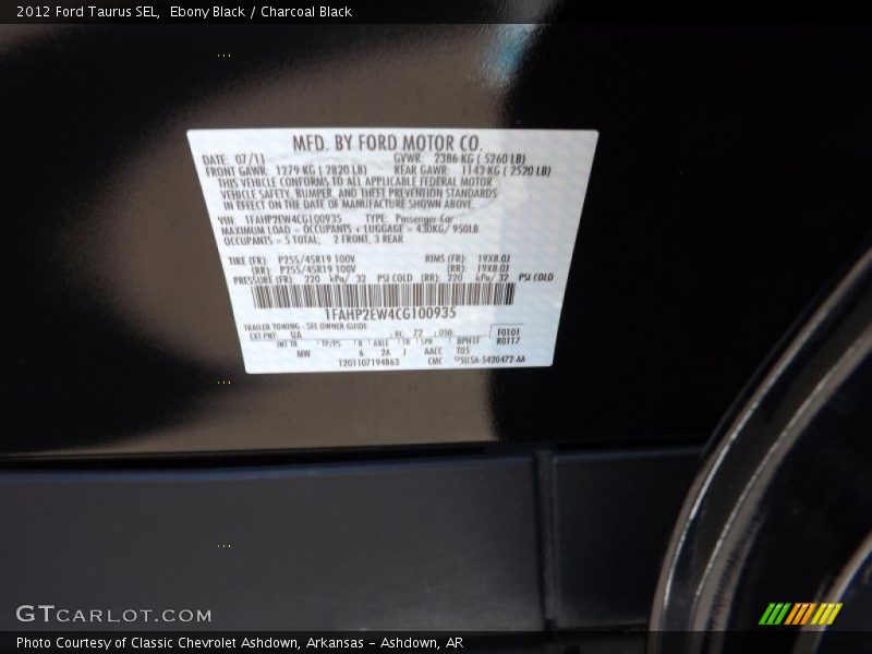 Ebony Black / Charcoal Black 2012 Ford Taurus SEL