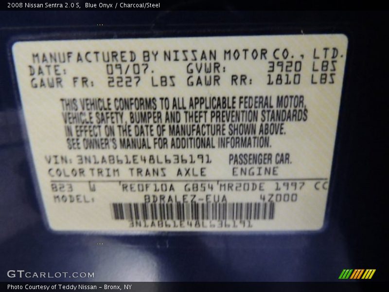 Blue Onyx / Charcoal/Steel 2008 Nissan Sentra 2.0 S