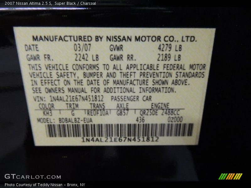 Super Black / Charcoal 2007 Nissan Altima 2.5 S