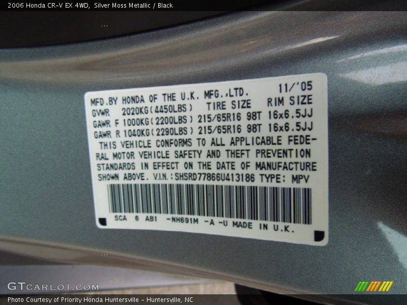 2006 CR-V EX 4WD Silver Moss Metallic Color Code NH691M