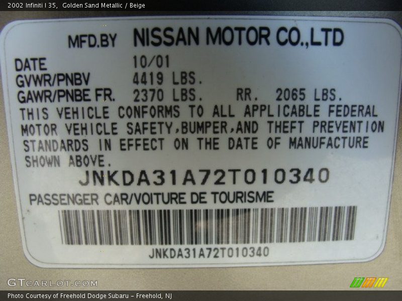 Golden Sand Metallic / Beige 2002 Infiniti I 35