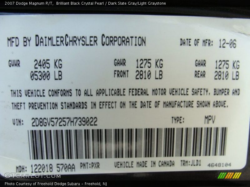 2007 Magnum R/T Brilliant Black Crystal Pearl Color Code PXR