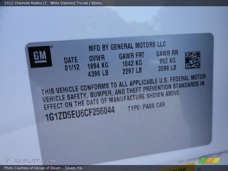 White Diamond Tricoat / Ebony 2012 Chevrolet Malibu LT