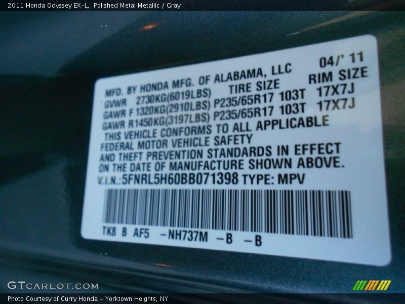 Polished Metal Metallic / Gray 2011 Honda Odyssey EX-L