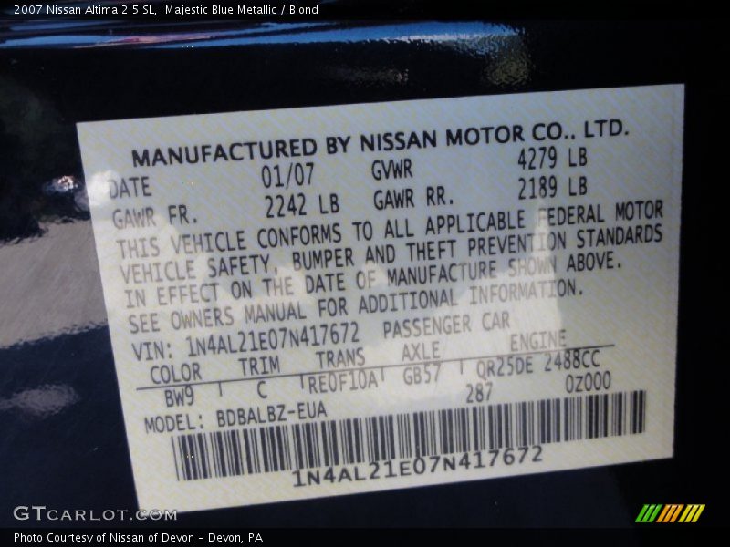 Majestic Blue Metallic / Blond 2007 Nissan Altima 2.5 SL