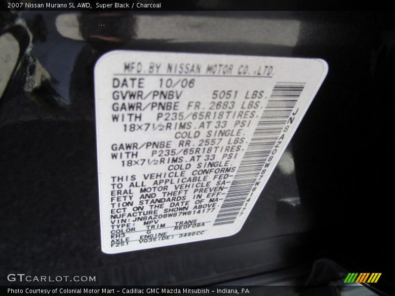 Super Black / Charcoal 2007 Nissan Murano SL AWD
