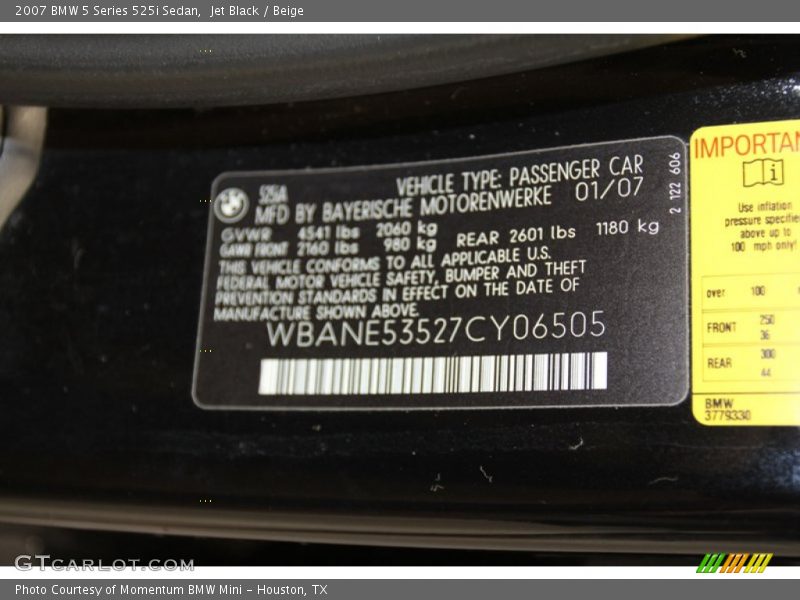 Jet Black / Beige 2007 BMW 5 Series 525i Sedan