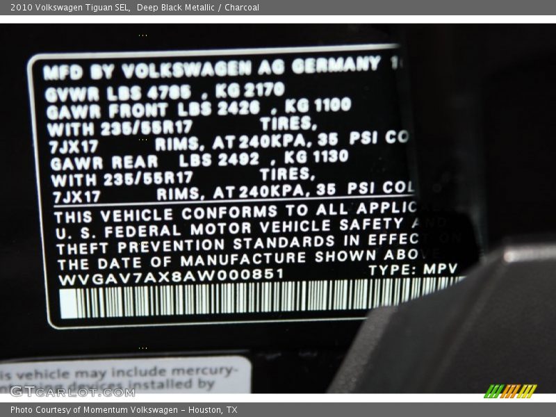 Deep Black Metallic / Charcoal 2010 Volkswagen Tiguan SEL