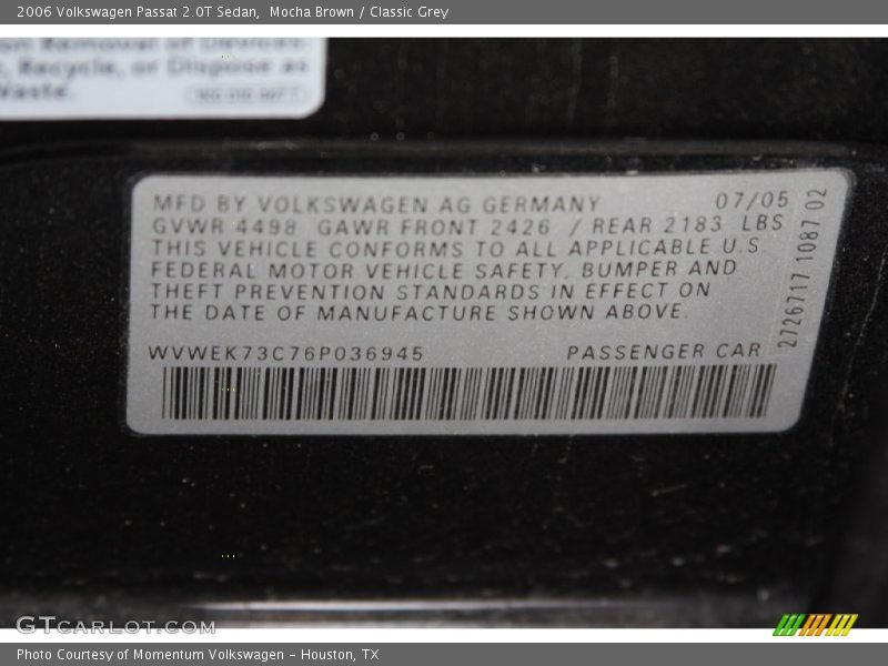 Mocha Brown / Classic Grey 2006 Volkswagen Passat 2.0T Sedan