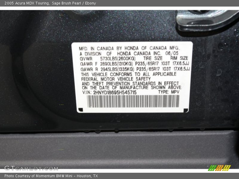 Sage Brush Pearl / Ebony 2005 Acura MDX Touring