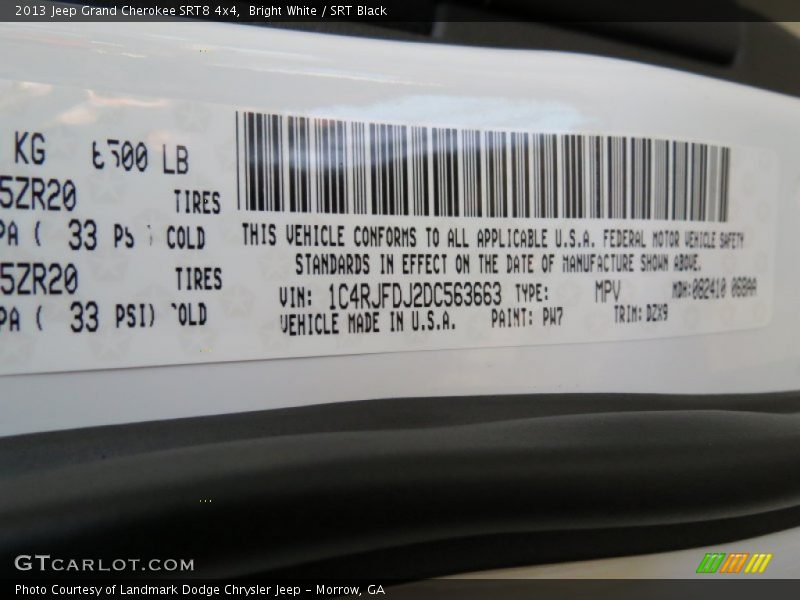 2013 Grand Cherokee SRT8 4x4 Bright White Color Code PW7
