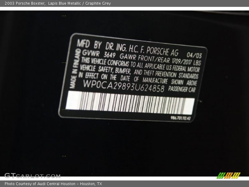 Lapis Blue Metallic / Graphite Grey 2003 Porsche Boxster