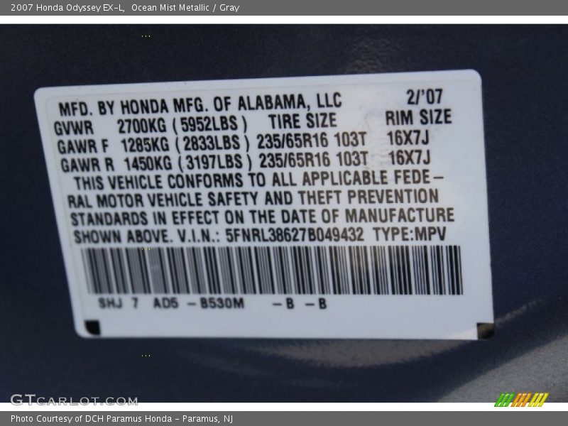Ocean Mist Metallic / Gray 2007 Honda Odyssey EX-L