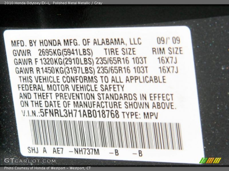 Polished Metal Metallic / Gray 2010 Honda Odyssey EX-L