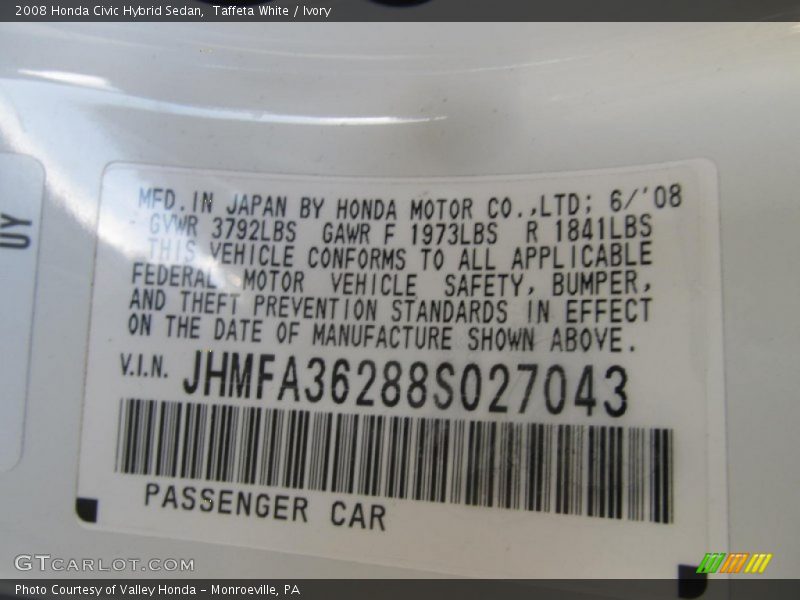 Taffeta White / Ivory 2008 Honda Civic Hybrid Sedan
