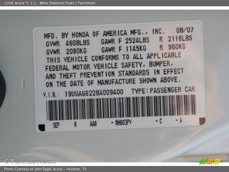 White Diamond Pearl / Parchment 2008 Acura TL 3.2