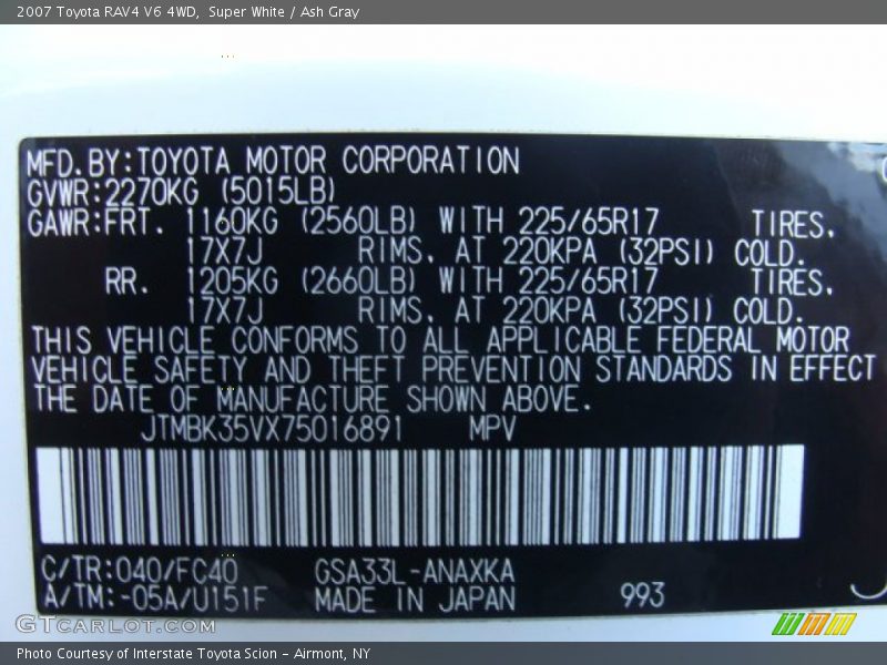 2007 RAV4 V6 4WD Super White Color Code 040