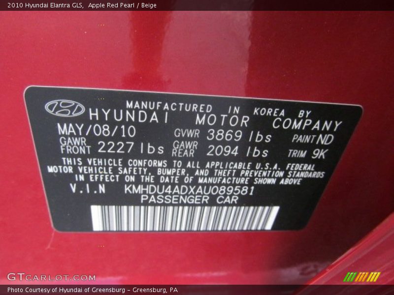 Apple Red Pearl / Beige 2010 Hyundai Elantra GLS