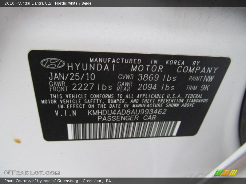 Nordic White / Beige 2010 Hyundai Elantra GLS