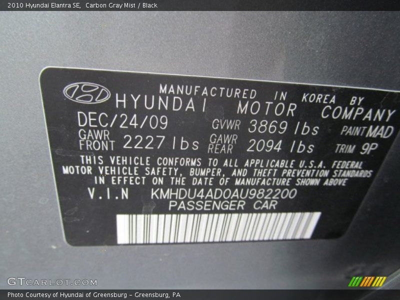 Carbon Gray Mist / Black 2010 Hyundai Elantra SE
