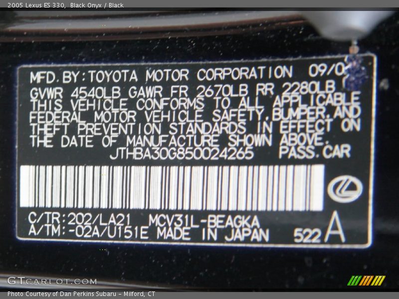 2005 ES 330 Black Onyx Color Code 202