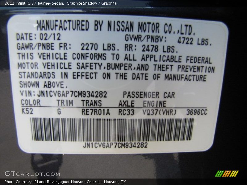 Graphite Shadow / Graphite 2012 Infiniti G 37 Journey Sedan