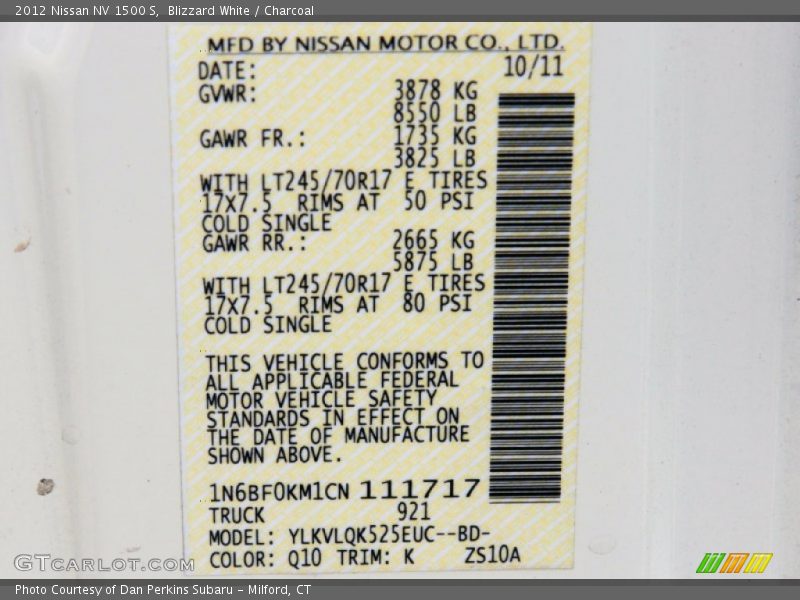Blizzard White / Charcoal 2012 Nissan NV 1500 S