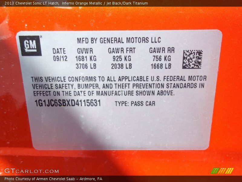 Inferno Orange Metallic / Jet Black/Dark Titanium 2013 Chevrolet Sonic LT Hatch