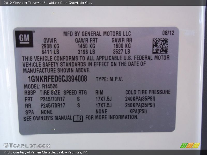 White / Dark Gray/Light Gray 2012 Chevrolet Traverse LS