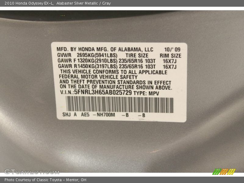 Alabaster Silver Metallic / Gray 2010 Honda Odyssey EX-L