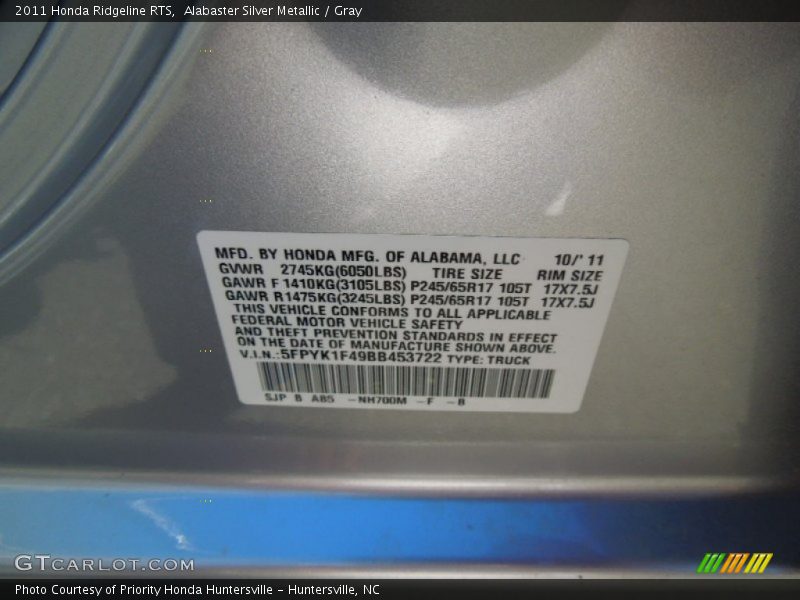 Alabaster Silver Metallic / Gray 2011 Honda Ridgeline RTS