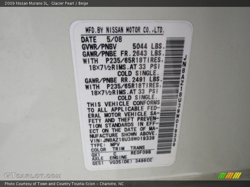 Glacier Pearl / Beige 2009 Nissan Murano SL