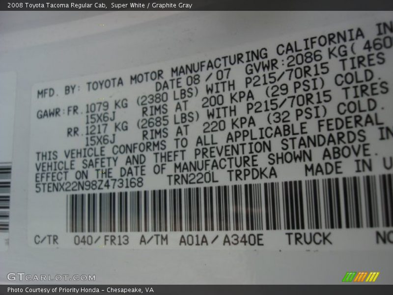 Super White / Graphite Gray 2008 Toyota Tacoma Regular Cab