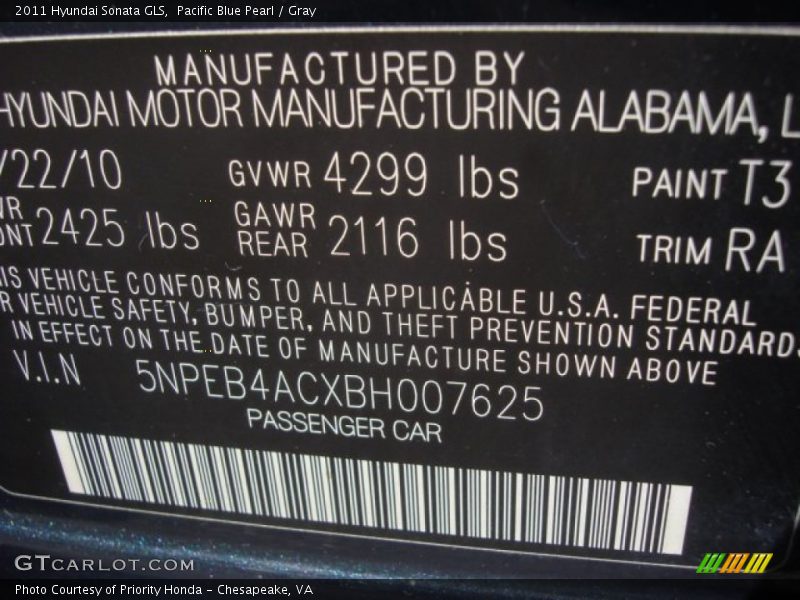 Pacific Blue Pearl / Gray 2011 Hyundai Sonata GLS