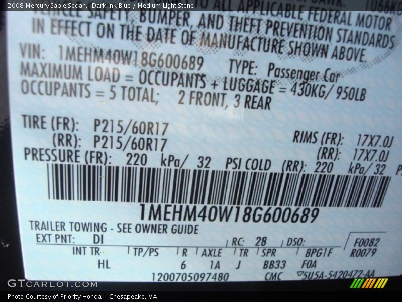 Dark Ink Blue / Medium Light Stone 2008 Mercury Sable Sedan