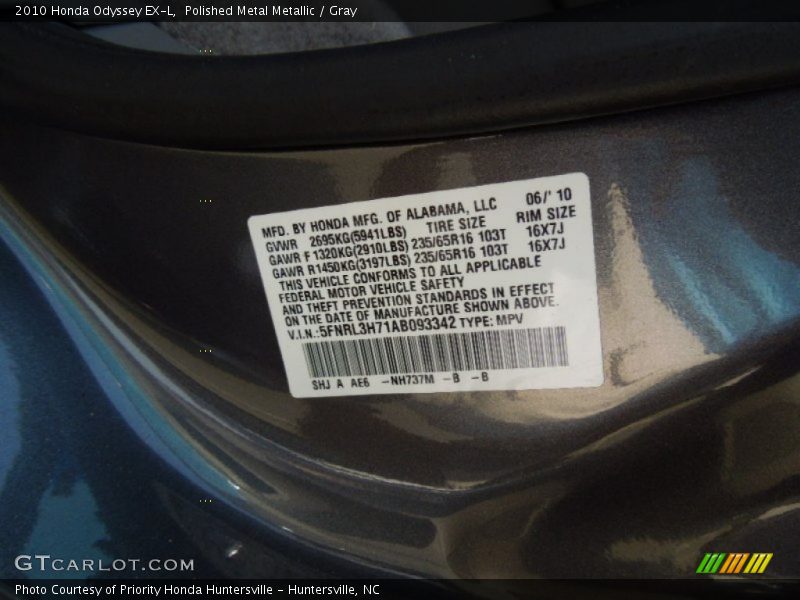 Polished Metal Metallic / Gray 2010 Honda Odyssey EX-L