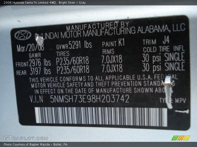 Bright Silver / Gray 2008 Hyundai Santa Fe Limited 4WD